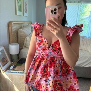 Floral Ruffle Sleeve Top - Pink